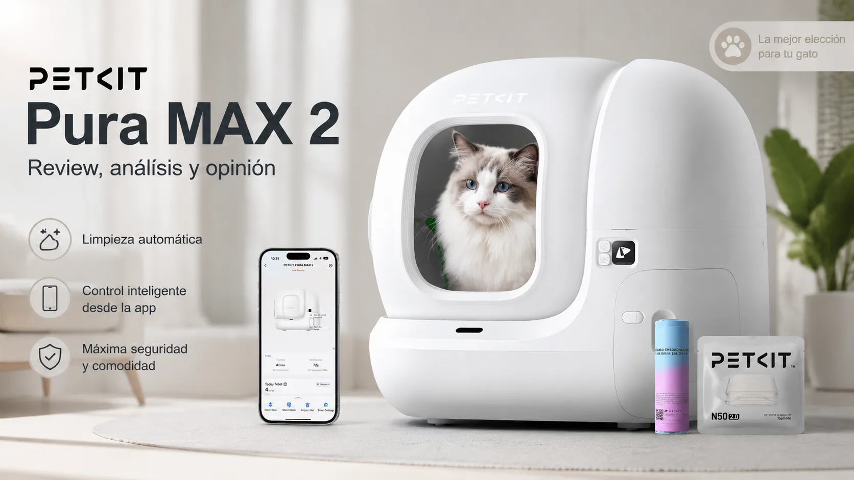PETKIT Pura Max 2 con gato, aplicación PETKIT y accesorios