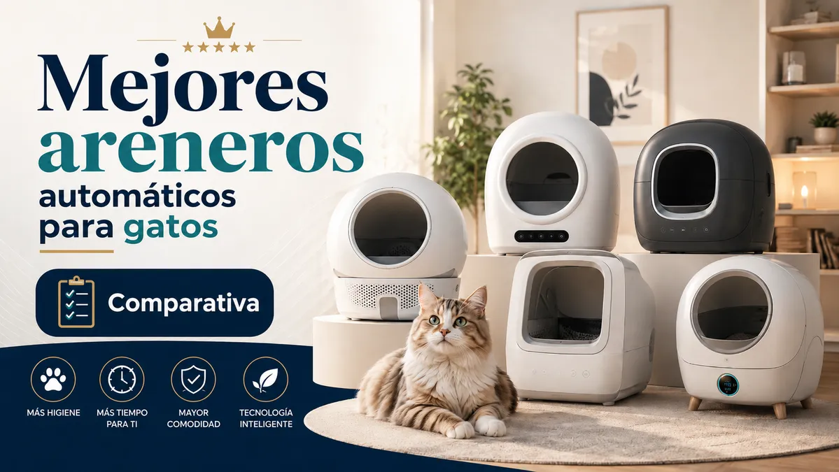 Comparativa de areneros automáticos para gatos con varios modelos y un gato
