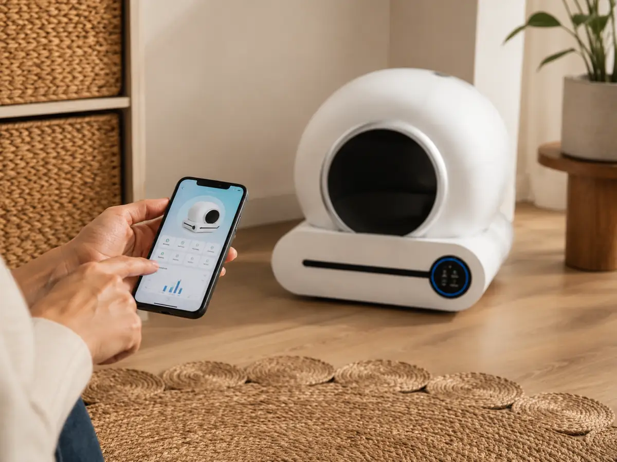 Recreación ilustrativa del control mediante app de un arenero automático tipo Cecotec Pumba 8500