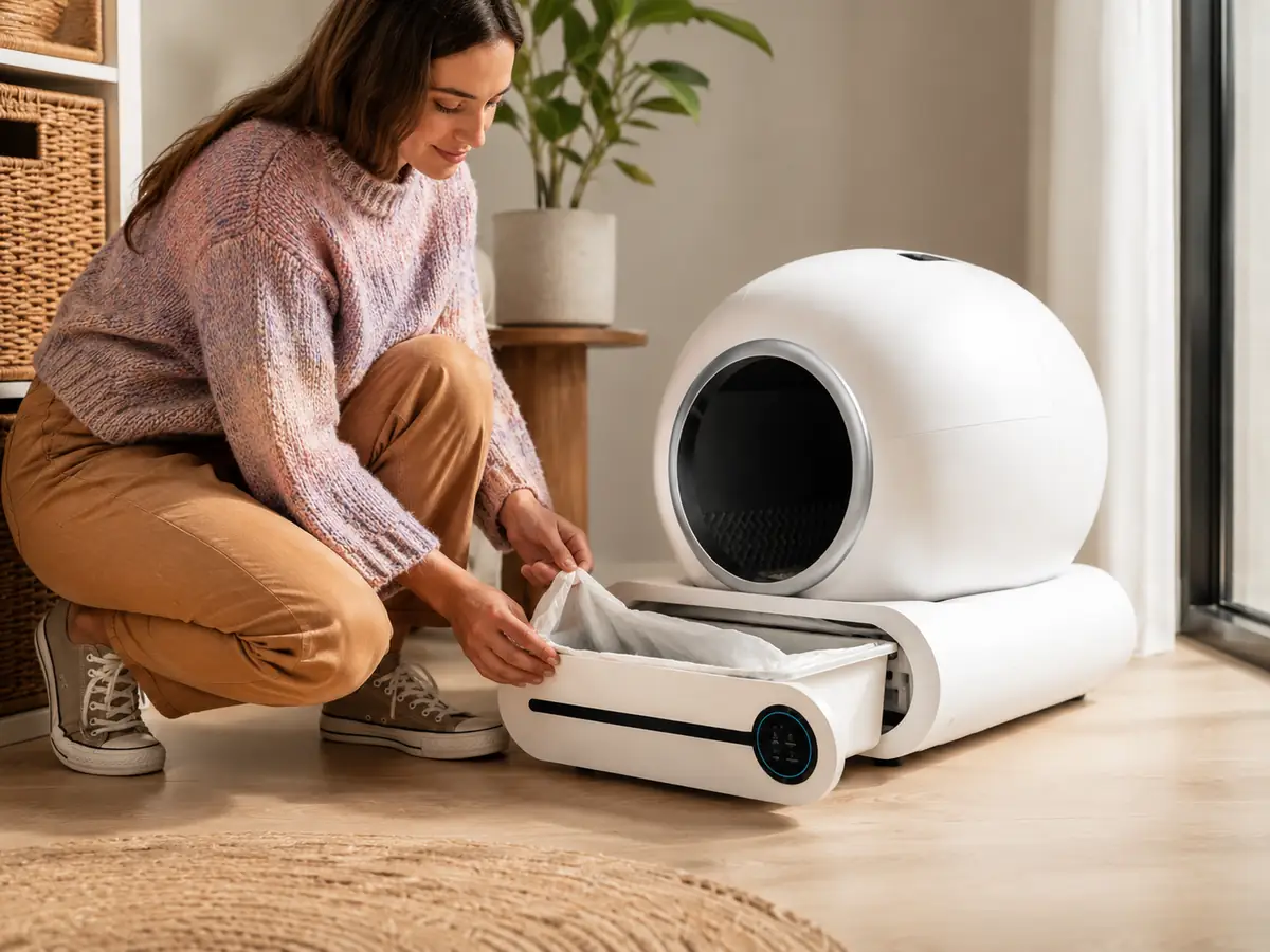 Recreación ilustrativa del cambio de bolsa en un arenero automático tipo Cecotec Pumba 8500