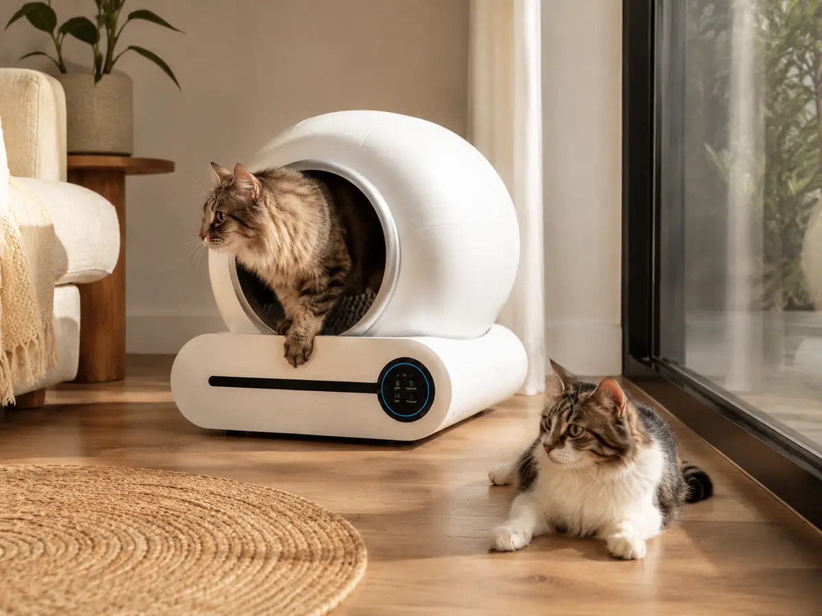 Recreación ilustrativa de un arenero automático tipo Cecotec Pumba 8500 con dos gatos
