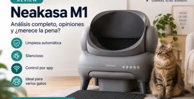Neakasa M1, arenero automático abierto, junto a un gato en una vivienda
